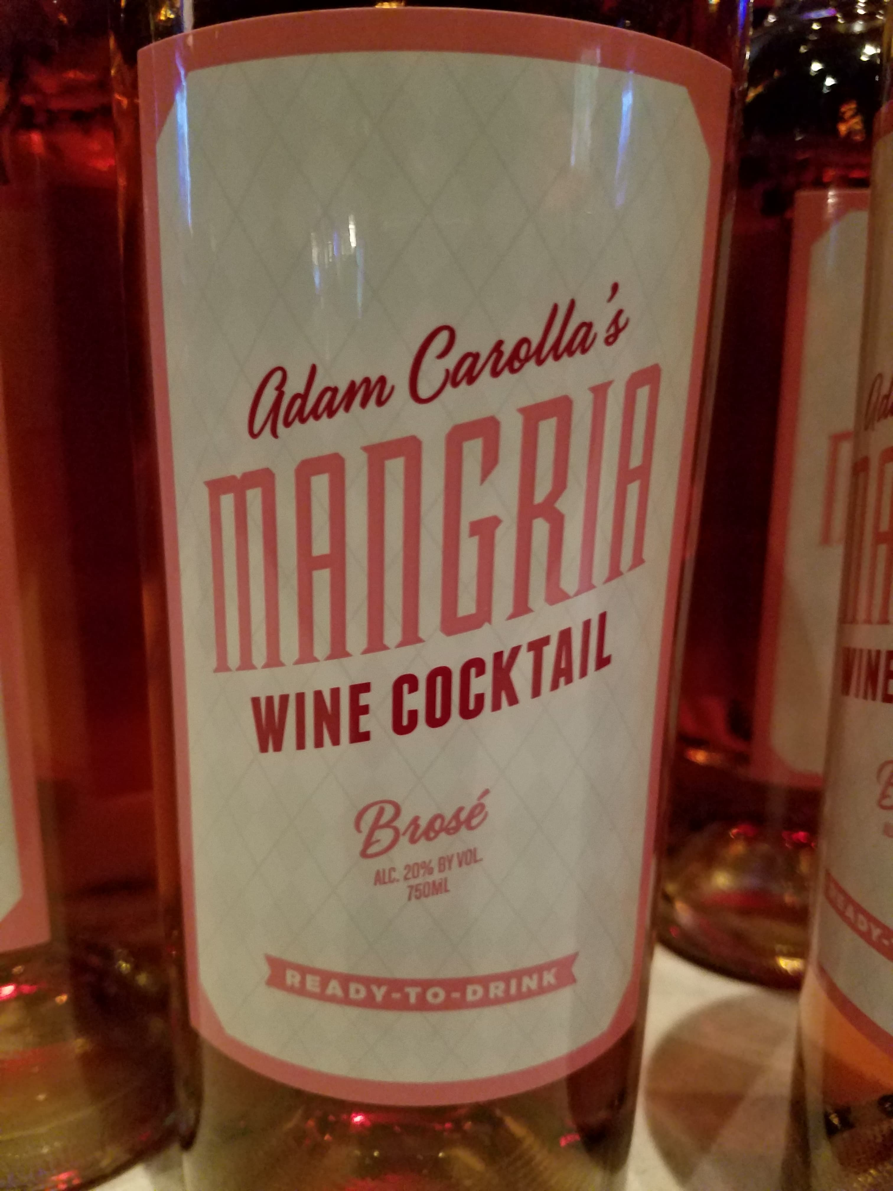 Close-up of Adam Carolla's Mangria wine cocktail Brose bottle label