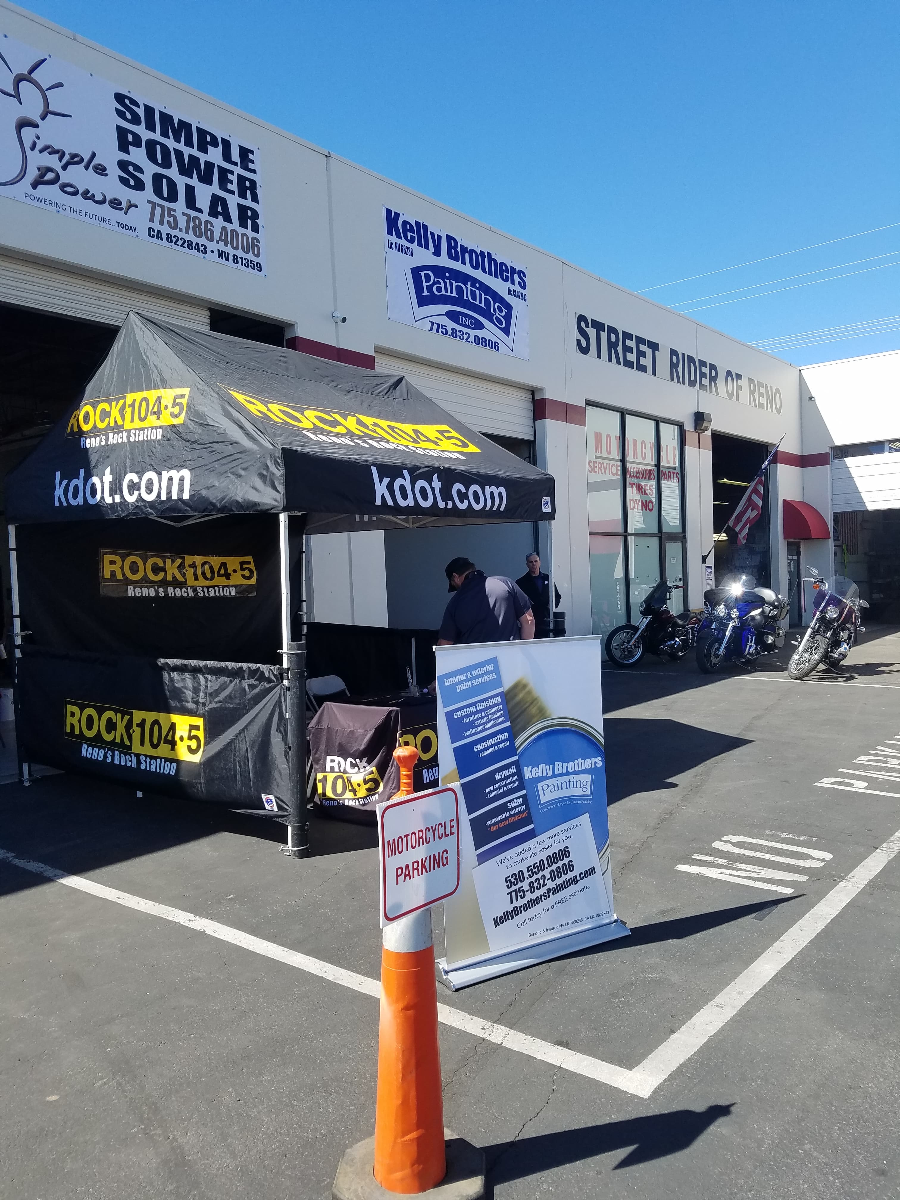 ROCK 104.5 KDOT tent setup outside Street Rider of Reno motorcycle shop