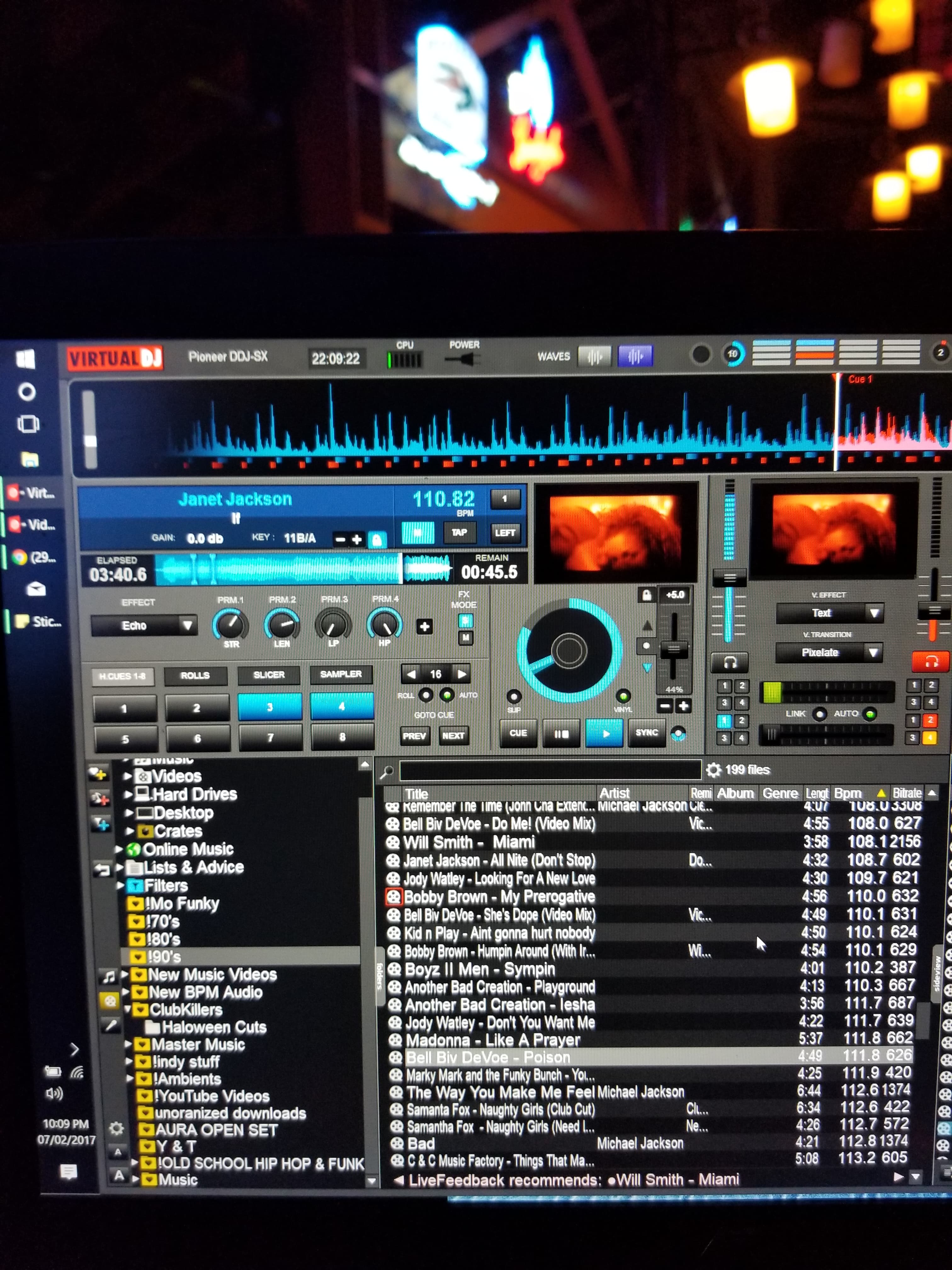Virtual DJ software running Janet Jackson with an Aura Open Set folder visible on screen