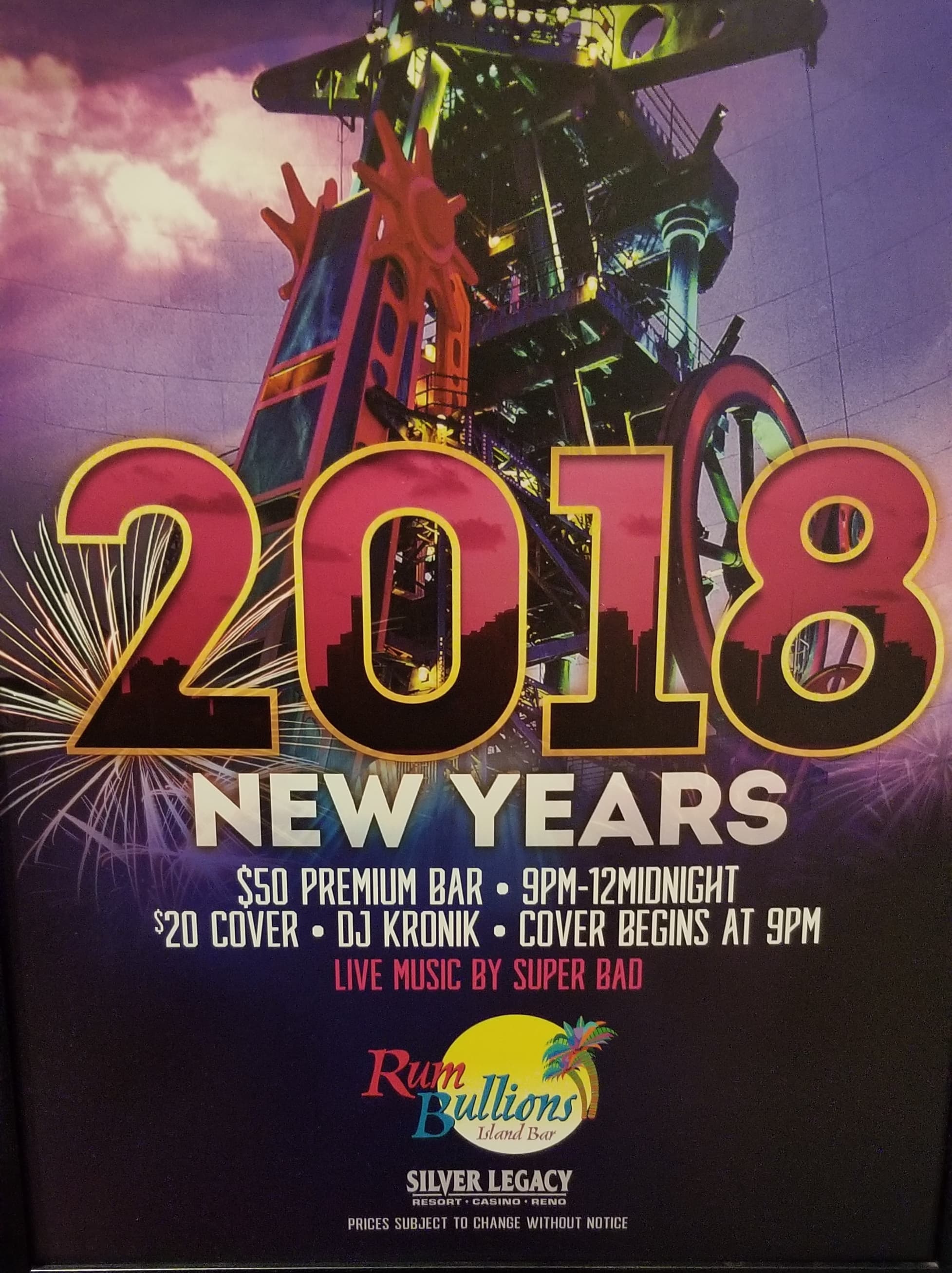2018 New Years flyer for Rumbullions Island Bar at Silver Legacy featuring DJ Kronik