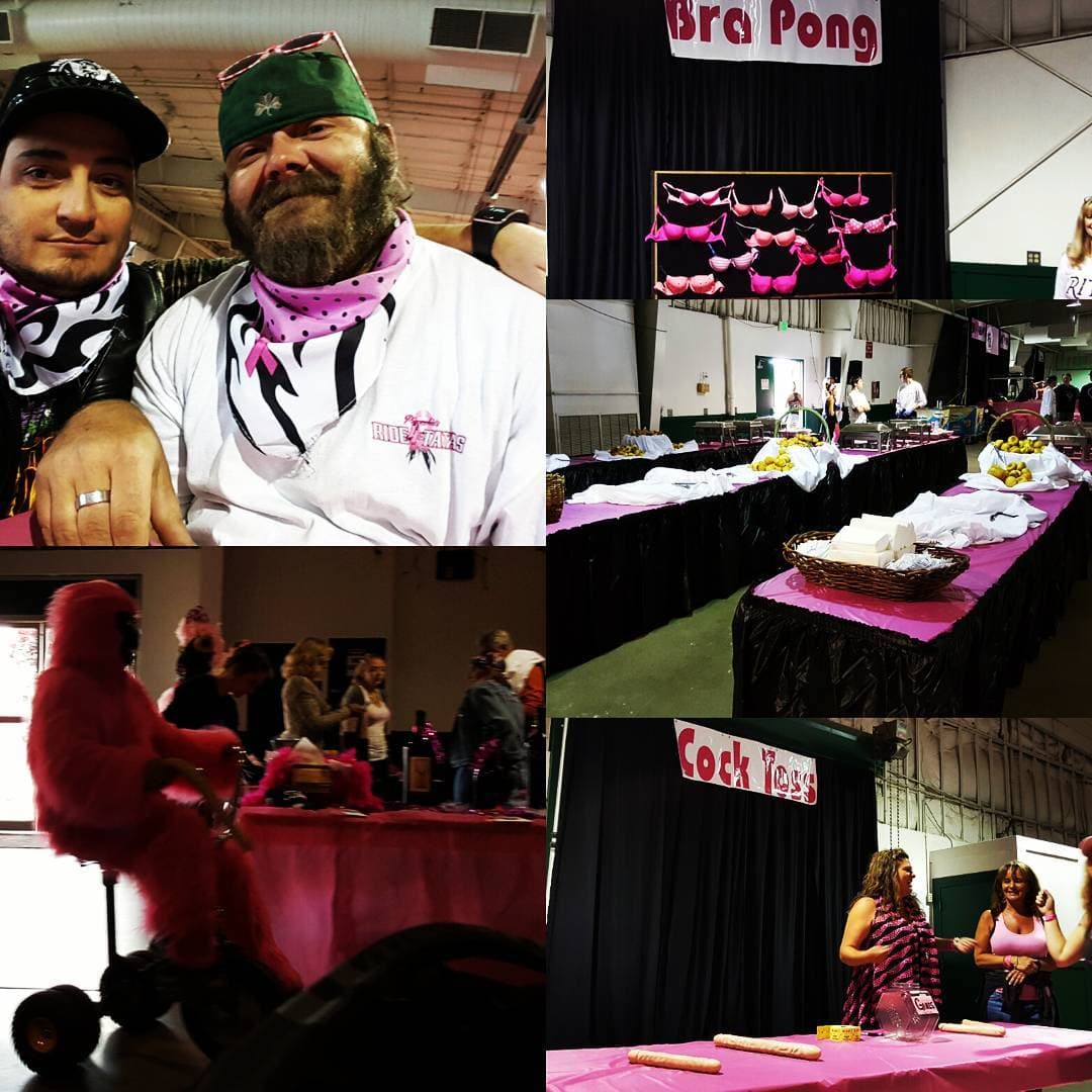 Pink-themed fundraiser event collage with games, buffet, and ride partners