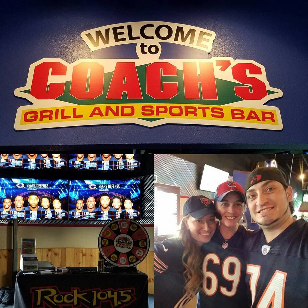 Coach's Grill and Sports Bar with Rock 104.5 spin-to-win wheel and Kronik with fans in Bears gear