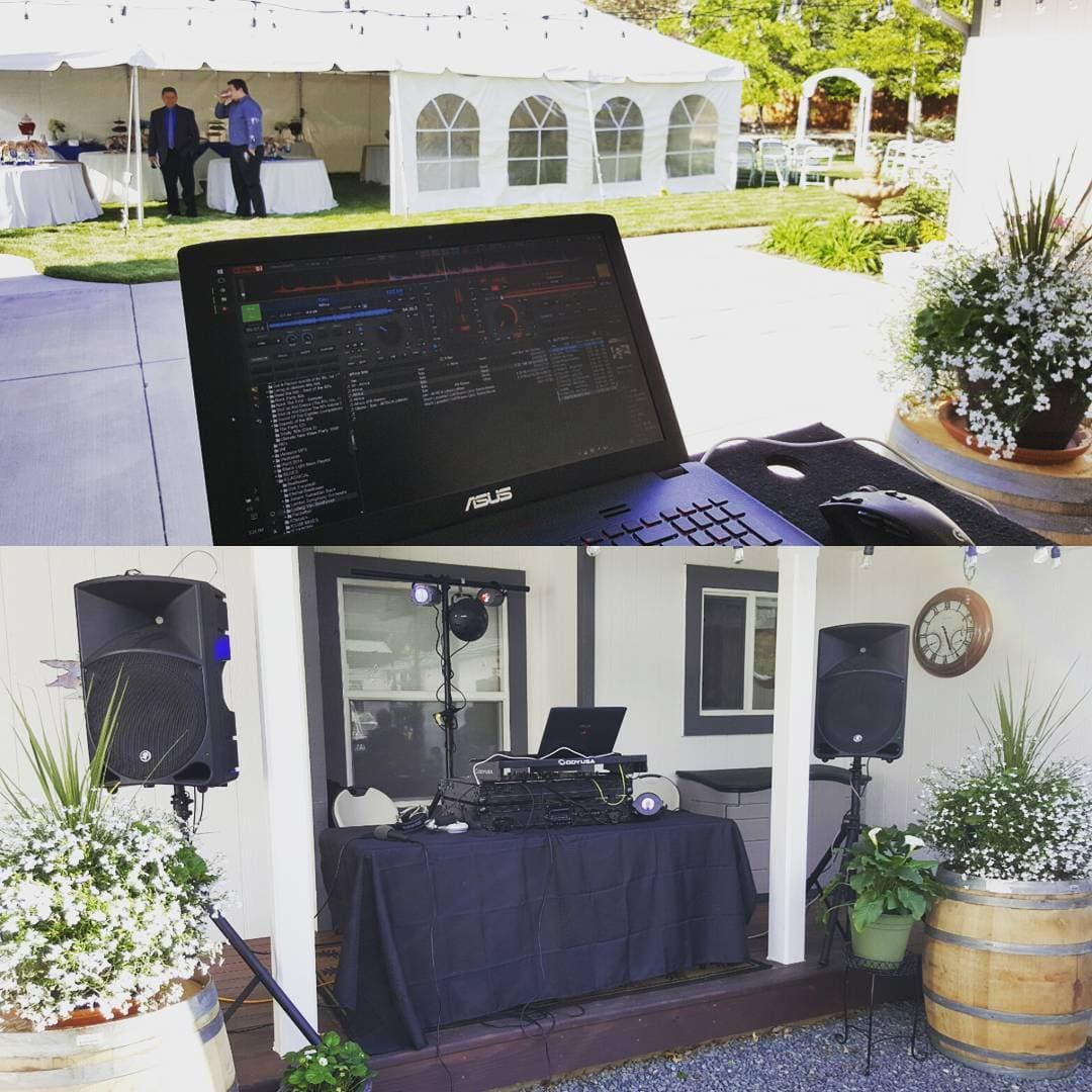 DJ setup for the Higby Crago wedding at a beautifully arranged private home